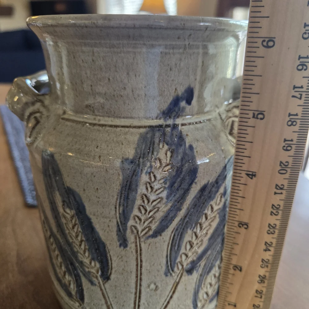 Speckled Gray Glaze With Blue Sheafs Of Wheat Cricked Signed Jesus Taylor